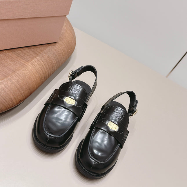 MIUMIU 26S PENNY SLINGBACK LOAFERS IN BLACK CALFSKIN GOLD HARDWARE