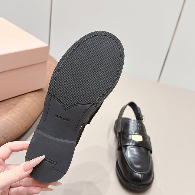 MIUMIU 26S PENNY SLINGBACK LOAFERS IN BLACK CALFSKIN GOLD HARDWARE