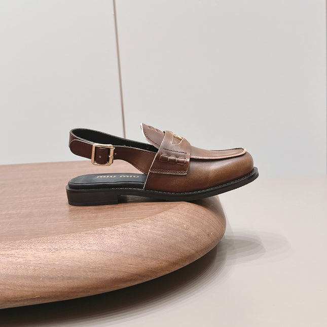 MIUMIU 26S PENNY SLINGBACK LOAFERS IN BROWN CALFSKIN GOLD HARDWARE