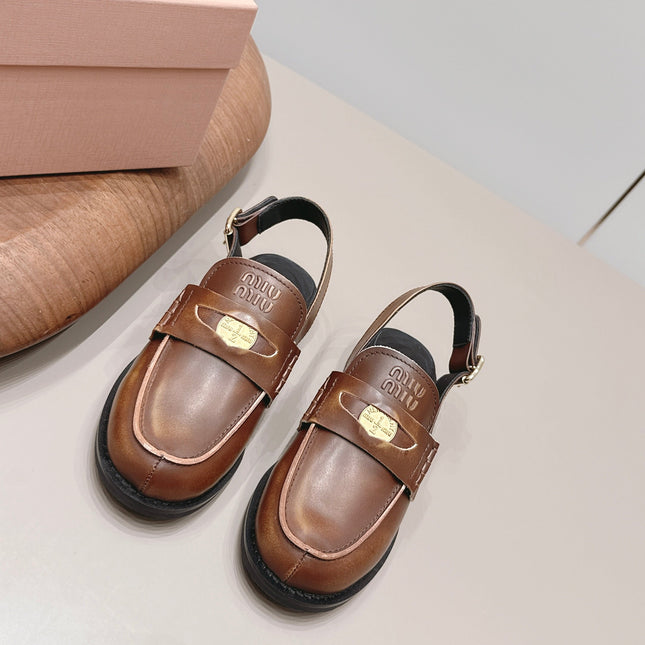 MIUMIU 26S PENNY SLINGBACK LOAFERS IN BROWN CALFSKIN GOLD HARDWARE