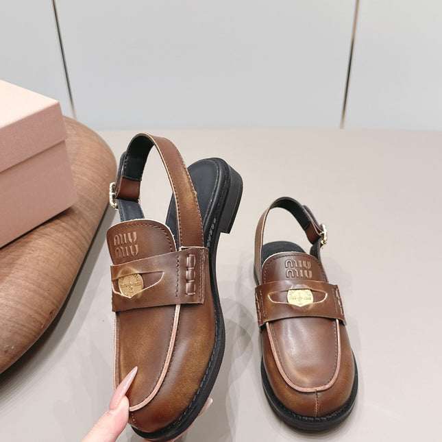 MIUMIU 26S PENNY SLINGBACK LOAFERS IN BROWN CALFSKIN GOLD HARDWARE