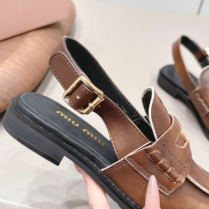 MIUMIU 26S PENNY SLINGBACK LOAFERS IN BROWN CALFSKIN GOLD HARDWARE