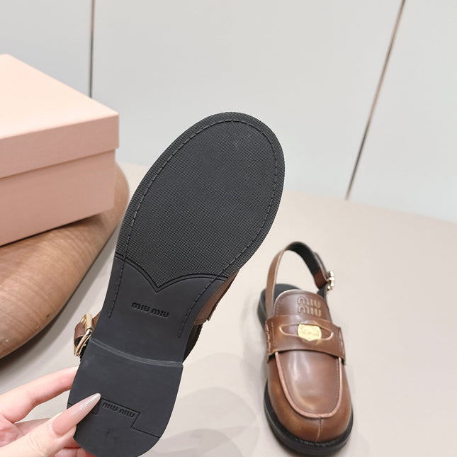 MIUMIU 26S PENNY SLINGBACK LOAFERS IN BROWN CALFSKIN GOLD HARDWARE