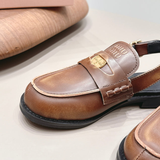 MIUMIU 26S PENNY SLINGBACK LOAFERS IN BROWN CALFSKIN GOLD HARDWARE