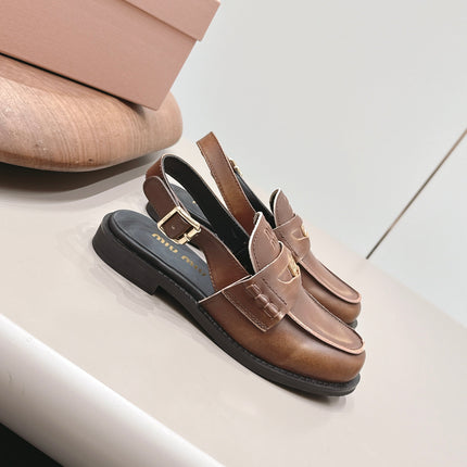 MIUMIU 26S PENNY SLINGBACK LOAFERS IN BROWN CALFSKIN GOLD HARDWARE