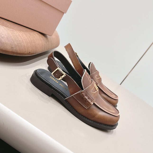 MIUMIU 26S PENNY SLINGBACK LOAFERS IN BROWN CALFSKIN GOLD HARDWARE