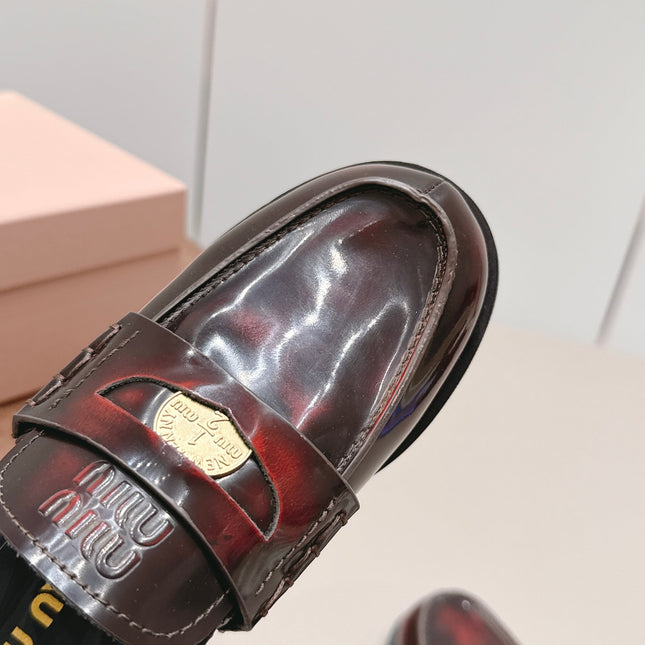 MIUMIU 26S PENNY SLINGBACK LOAFERS IN BURGUNDY RED CALFSKIN GOLD HARDWARE