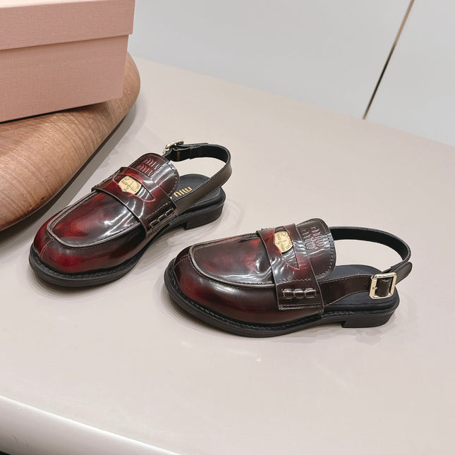 MIUMIU 26S PENNY SLINGBACK LOAFERS IN BURGUNDY RED CALFSKIN GOLD HARDWARE