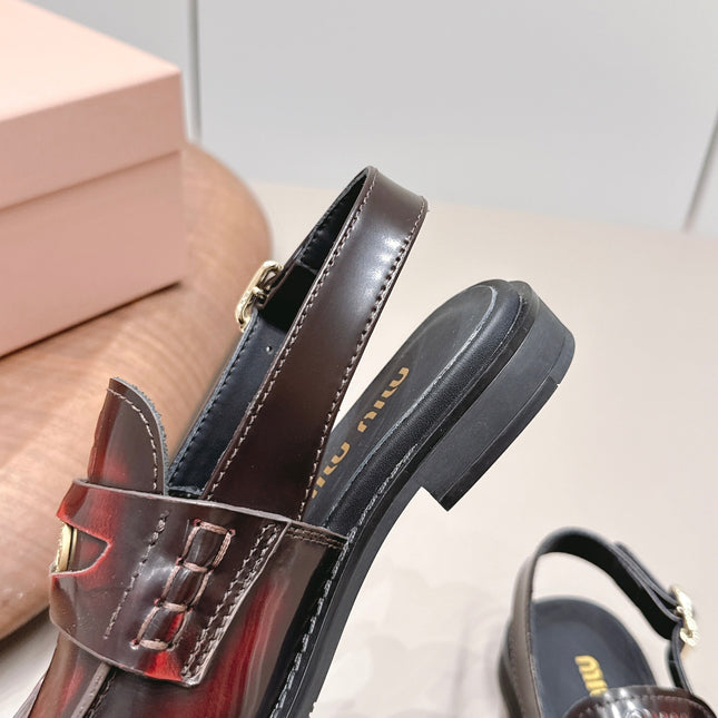 MIUMIU 26S PENNY SLINGBACK LOAFERS IN BURGUNDY RED CALFSKIN GOLD HARDWARE