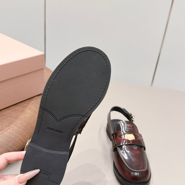 MIUMIU 26S PENNY SLINGBACK LOAFERS IN BURGUNDY RED CALFSKIN GOLD HARDWARE
