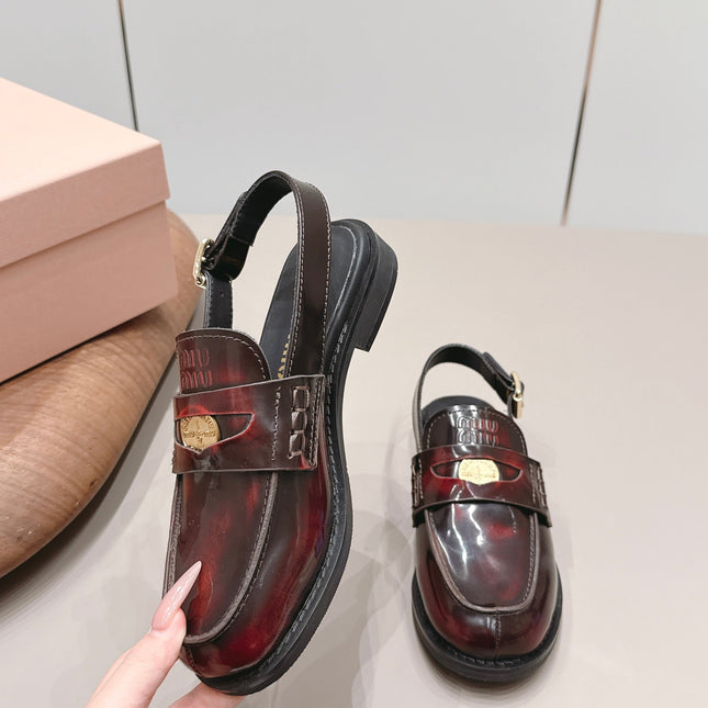 MIUMIU 26S PENNY SLINGBACK LOAFERS IN BURGUNDY RED CALFSKIN GOLD HARDWARE