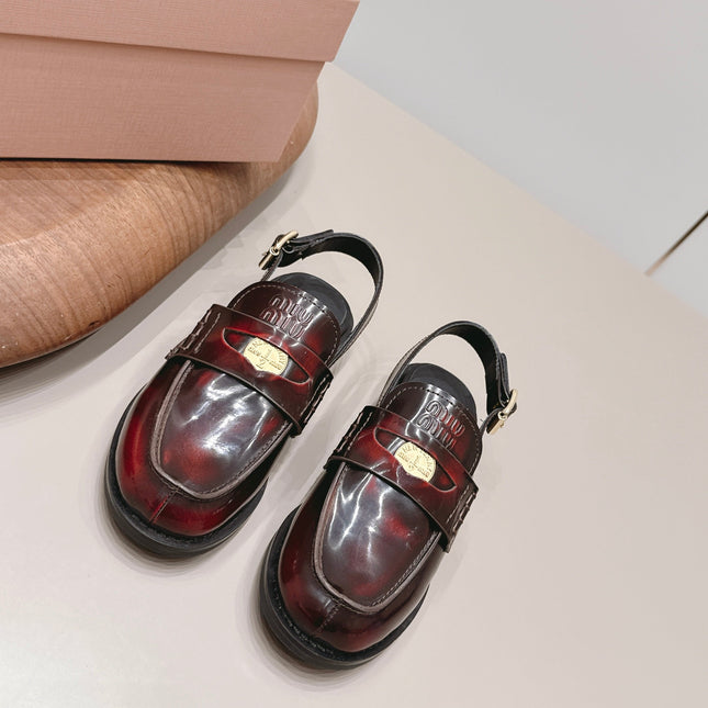 MIUMIU 26S PENNY SLINGBACK LOAFERS IN BURGUNDY RED CALFSKIN GOLD HARDWARE