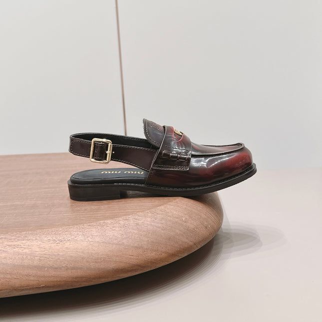 MIUMIU 26S PENNY SLINGBACK LOAFERS IN BURGUNDY RED CALFSKIN GOLD HARDWARE