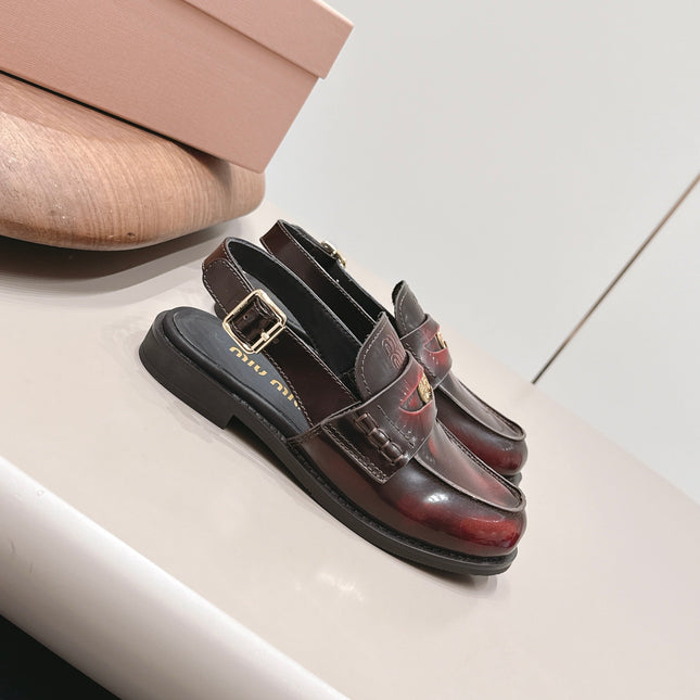 MIUMIU 26S PENNY SLINGBACK LOAFERS IN BURGUNDY RED CALFSKIN GOLD HARDWARE