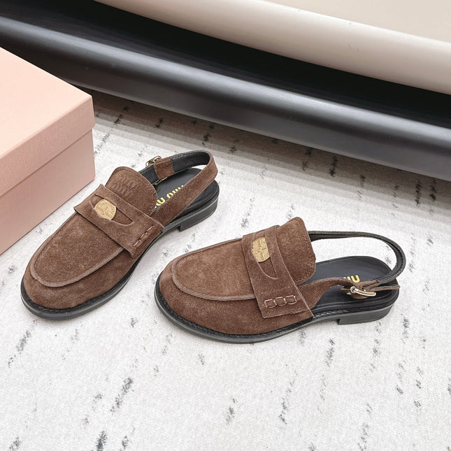 MIUMIU 26S PENNY SLINGBACK LOAFERS IN DARK BROWN SUEDE GOLD HARDWARE