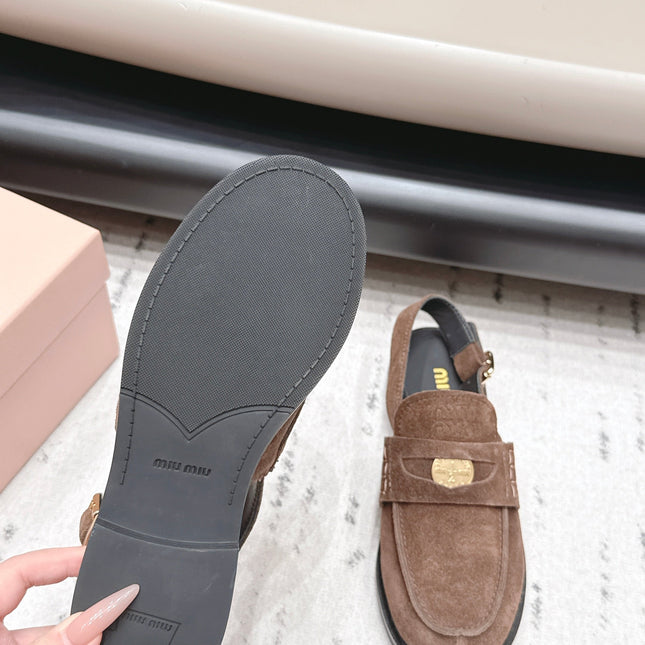MIUMIU 26S PENNY SLINGBACK LOAFERS IN DARK BROWN SUEDE GOLD HARDWARE