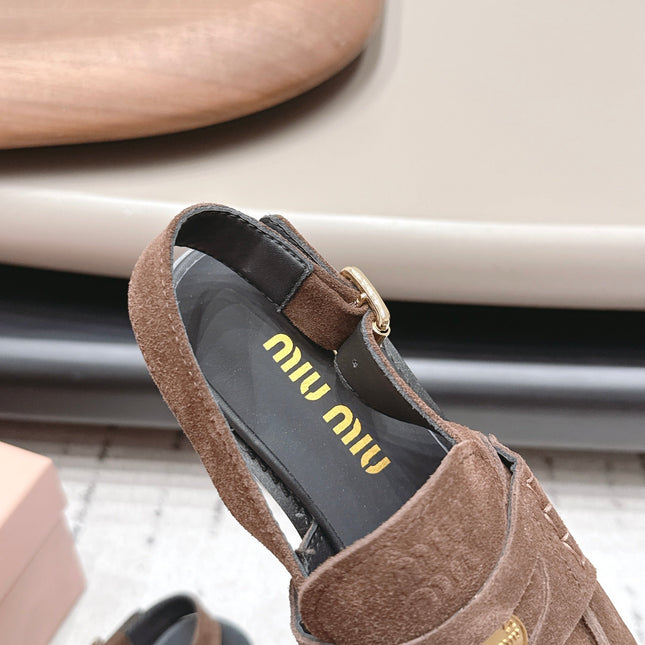 MIUMIU 26S PENNY SLINGBACK LOAFERS IN DARK BROWN SUEDE GOLD HARDWARE