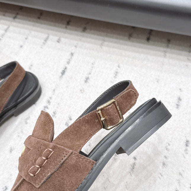 MIUMIU 26S PENNY SLINGBACK LOAFERS IN DARK BROWN SUEDE GOLD HARDWARE