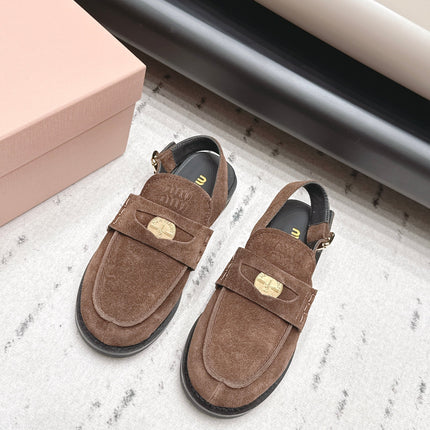 MIUMIU 26S PENNY SLINGBACK LOAFERS IN DARK BROWN SUEDE GOLD HARDWARE