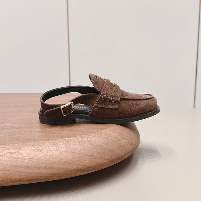 MIUMIU 26S PENNY SLINGBACK LOAFERS IN DARK BROWN SUEDE GOLD HARDWARE