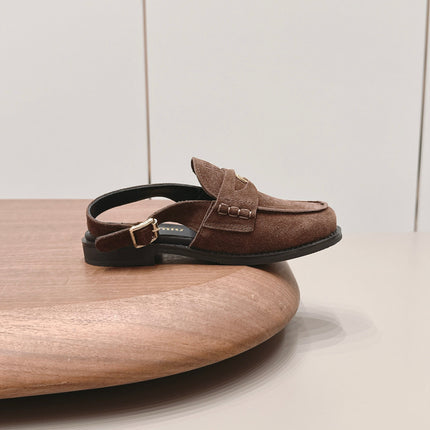 MIUMIU 26S PENNY SLINGBACK LOAFERS IN DARK BROWN SUEDE GOLD HARDWARE