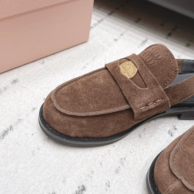 MIUMIU 26S PENNY SLINGBACK LOAFERS IN DARK BROWN SUEDE GOLD HARDWARE