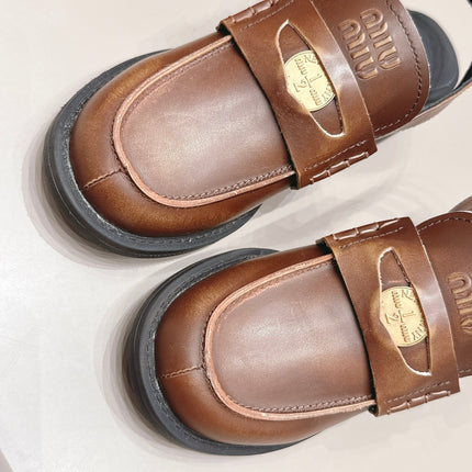 MIUMIU 26S BLOCK HEEL PENNY SLINGBACK LOAFERS 50MM IN BROWN CALFSKIN