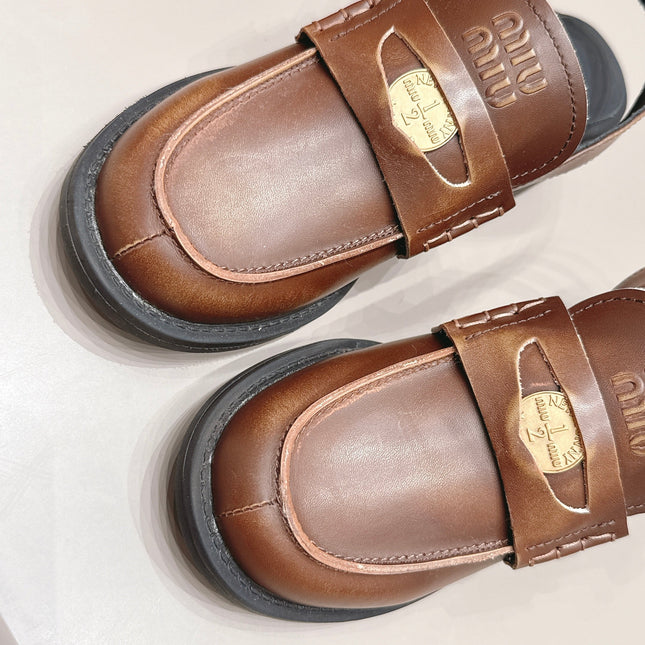 MIUMIU 26S BLOCK HEEL PENNY SLINGBACK LOAFERS 50MM IN BROWN CALFSKIN