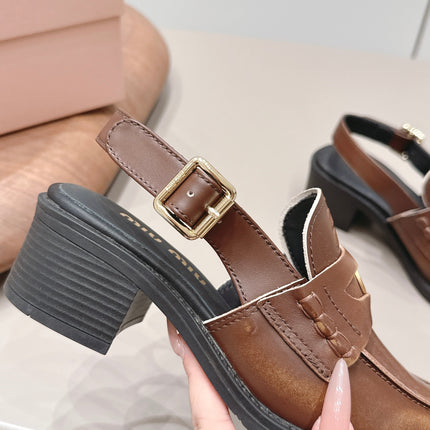 MIUMIU 26S BLOCK HEEL PENNY SLINGBACK LOAFERS 50MM IN BROWN CALFSKIN