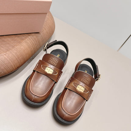 MIUMIU 26S BLOCK HEEL PENNY SLINGBACK LOAFERS 50MM IN BROWN CALFSKIN