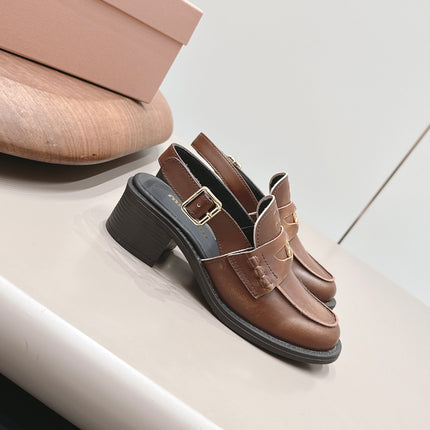 MIUMIU 26S BLOCK HEEL PENNY SLINGBACK LOAFERS 50MM IN BROWN CALFSKIN