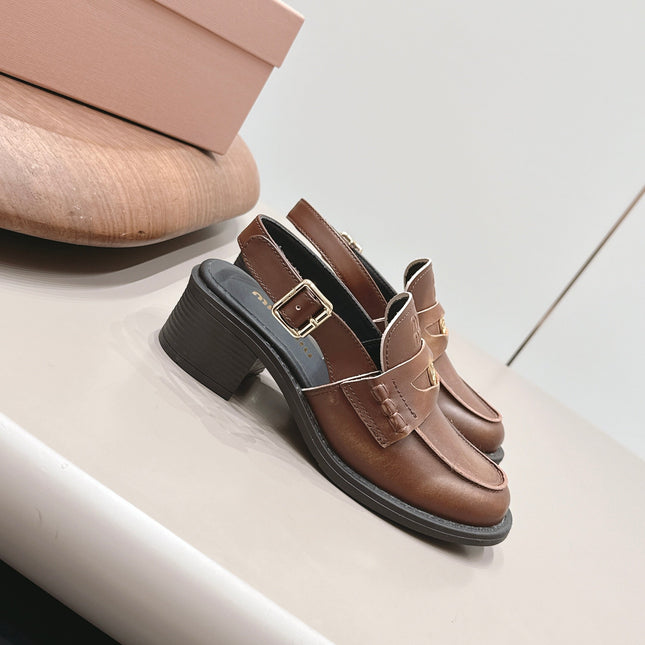 MIUMIU 26S BLOCK HEEL PENNY SLINGBACK LOAFERS 50MM IN BROWN CALFSKIN