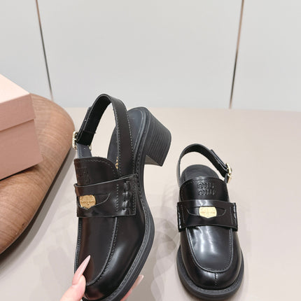 MIUMIU 26S BLOCK HEEL PENNY SLINGBACK LOAFERS 50MM IN BLACK CALFSKIN