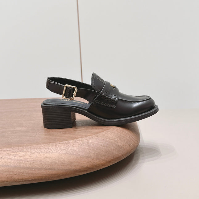 MIUMIU 26S BLOCK HEEL PENNY SLINGBACK LOAFERS 50MM IN BLACK CALFSKIN