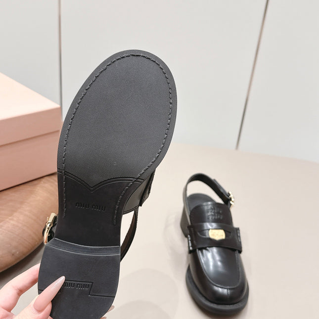 MIUMIU 26S BLOCK HEEL PENNY SLINGBACK LOAFERS 50MM IN BLACK CALFSKIN