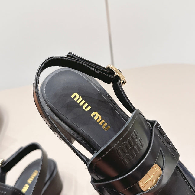 MIUMIU 26S BLOCK HEEL PENNY SLINGBACK LOAFERS 50MM IN BLACK CALFSKIN