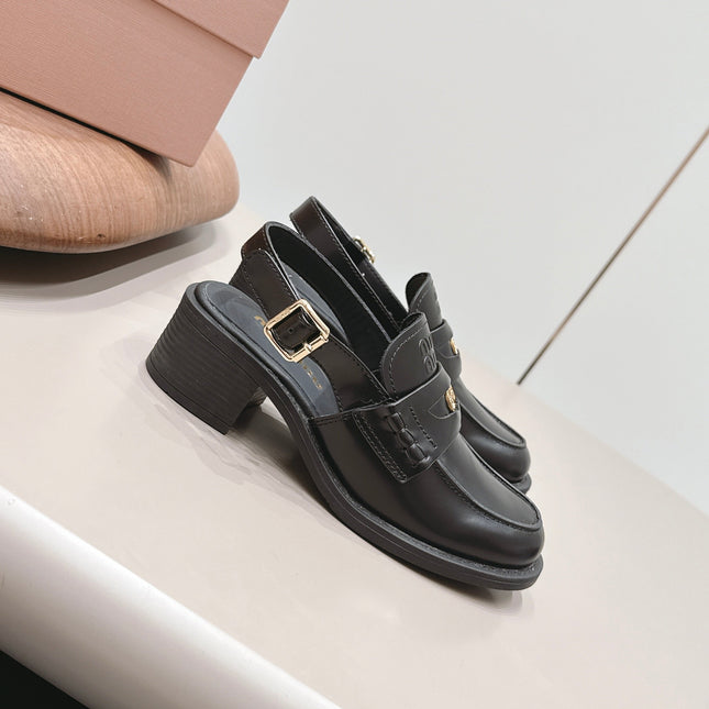 MIUMIU 26S BLOCK HEEL PENNY SLINGBACK LOAFERS 50MM IN BLACK CALFSKIN