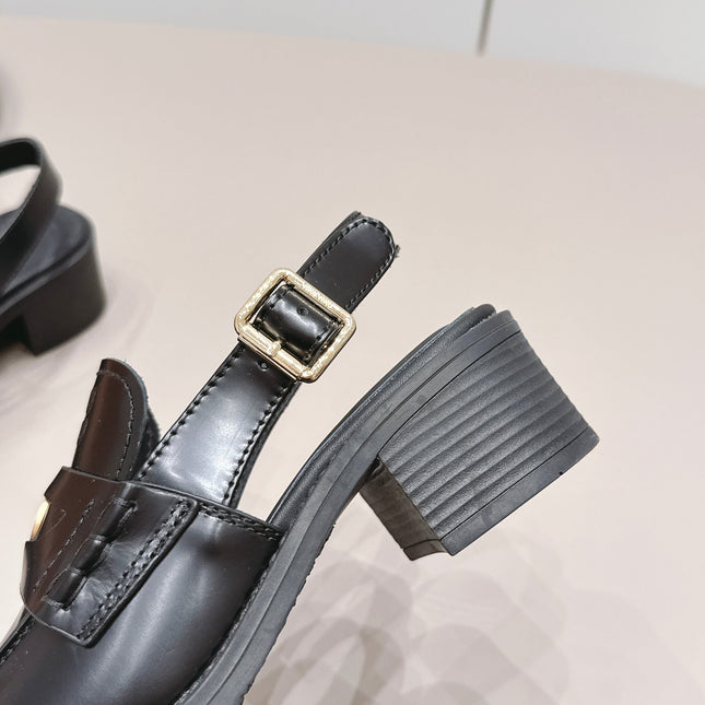 MIUMIU 26S BLOCK HEEL PENNY SLINGBACK LOAFERS 50MM IN BLACK CALFSKIN