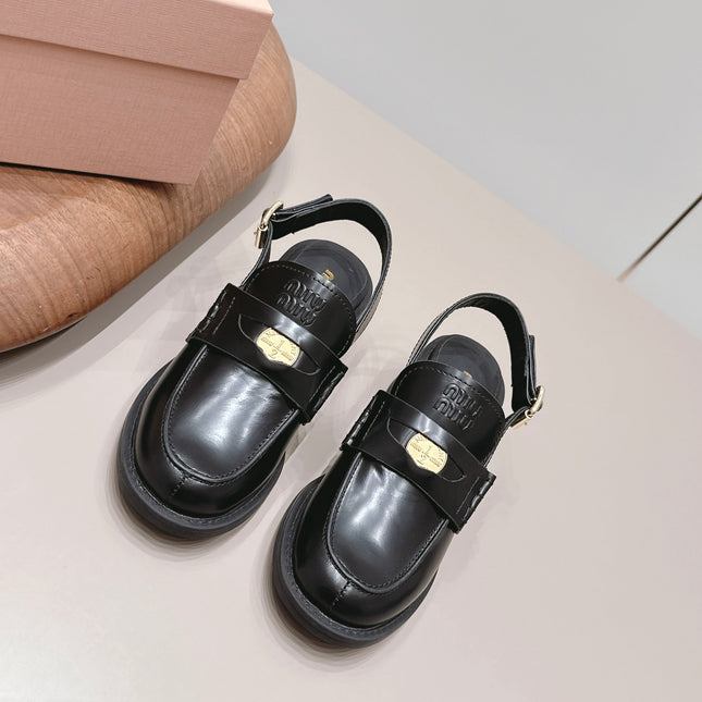 MIUMIU 26S BLOCK HEEL PENNY SLINGBACK LOAFERS 50MM IN BLACK CALFSKIN