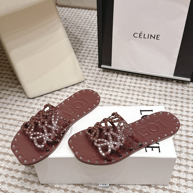 LOEWE 26S PETAL ANAGRAM SLIDE IN DARK BROWN CALFSKIN WITH STUDS