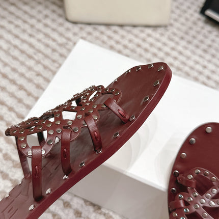 LOEWE 26S PETAL ANAGRAM SLIDE IN DARK BROWN CALFSKIN WITH STUDS