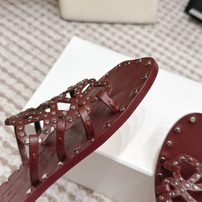 LOEWE 26S PETAL ANAGRAM SLIDE IN DARK BROWN CALFSKIN WITH STUDS