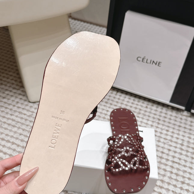 LOEWE 26S PETAL ANAGRAM SLIDE IN DARK BROWN CALFSKIN WITH STUDS