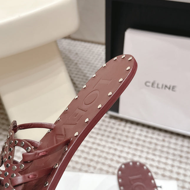 LOEWE 26S PETAL ANAGRAM SLIDE IN DARK BROWN CALFSKIN WITH STUDS