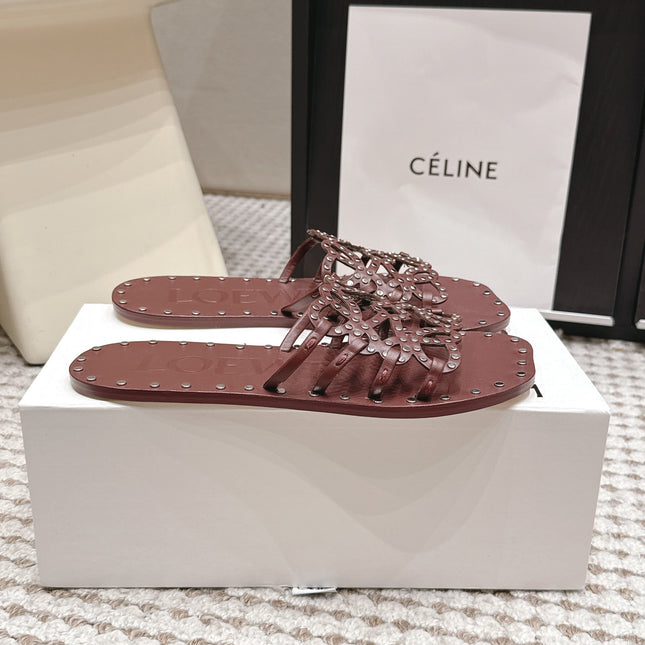 LOEWE 26S PETAL ANAGRAM SLIDE IN DARK BROWN CALFSKIN WITH STUDS