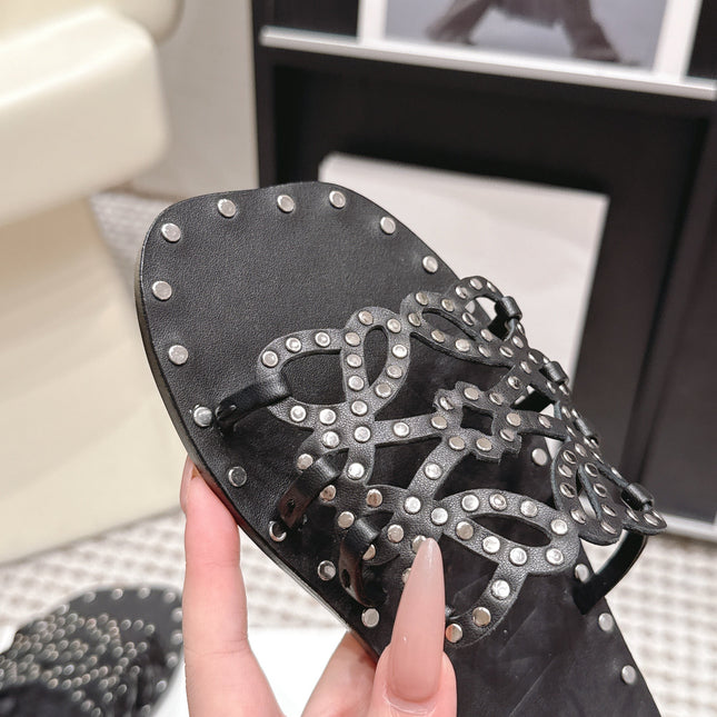 LOEWE 26S PETAL ANAGRAM SLIDE IN BLACK CALFSKIN WITH STUDS