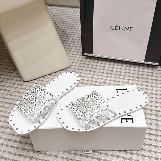 LOEWE 26S PETAL ANAGRAM SLIDE IN WHITE CALFSKIN WITH STUDS