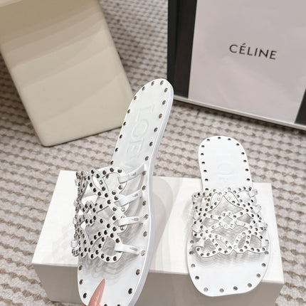 LOEWE 26S PETAL ANAGRAM SLIDE IN WHITE CALFSKIN WITH STUDS