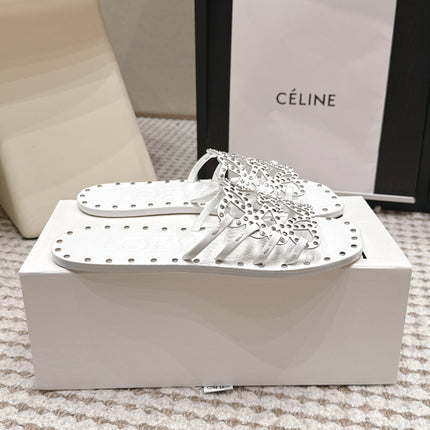 LOEWE 26S PETAL ANAGRAM SLIDE IN WHITE CALFSKIN WITH STUDS
