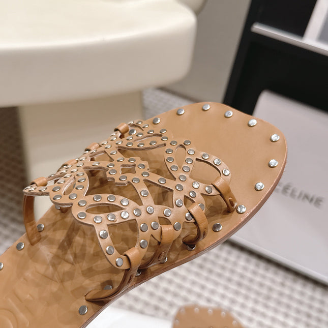 LOEWE 26S PETAL ANAGRAM SLIDE IN TAN BROWN CALFSKIN WITH STUDS